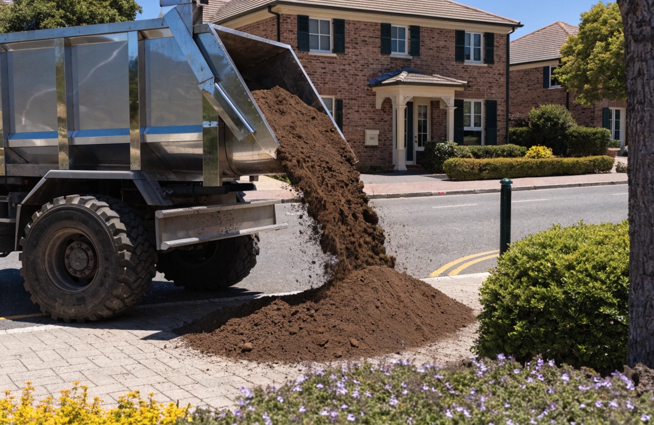 Bulk tipper truck delivering garden soil to a residential property in Newcastle NSW