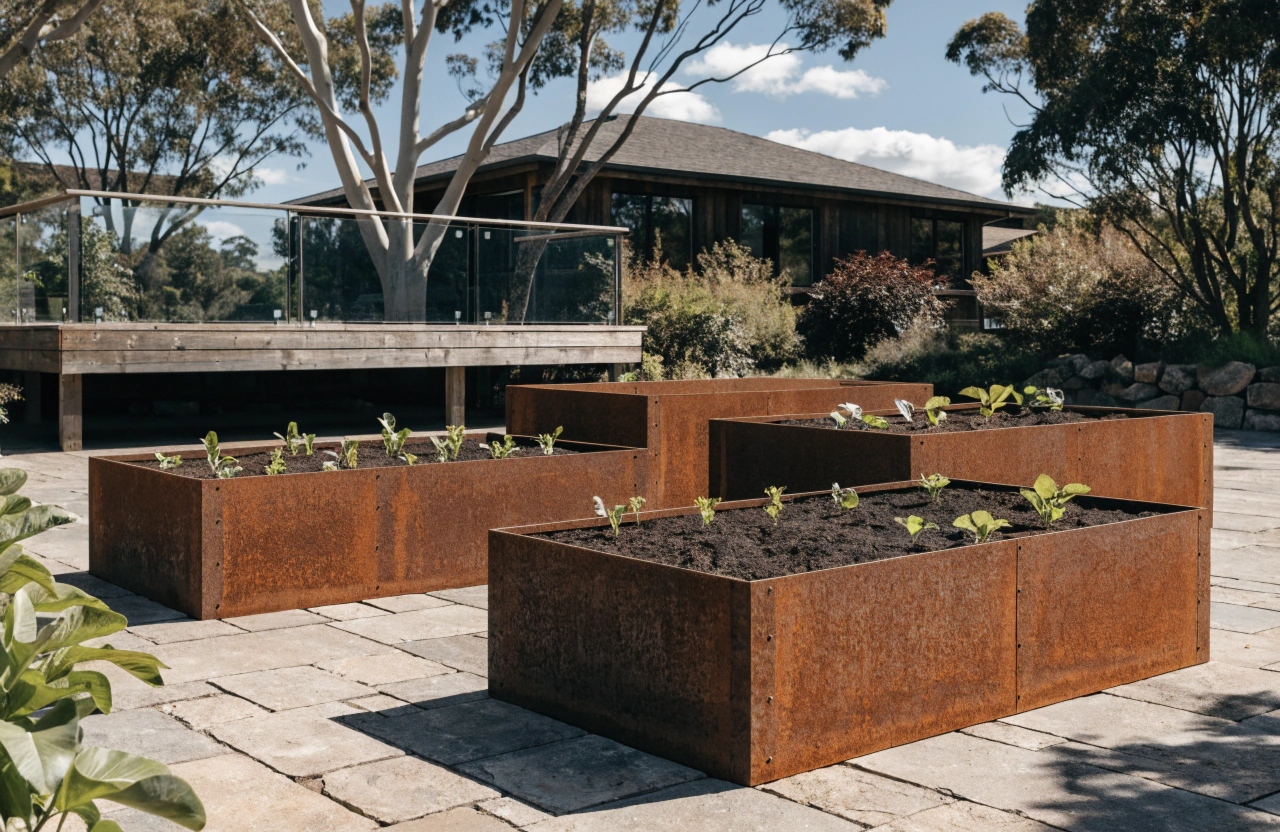 Corten steel raised garden bed filled with premium blended soil and vegetable seedlings in a Newcastle residential backyard