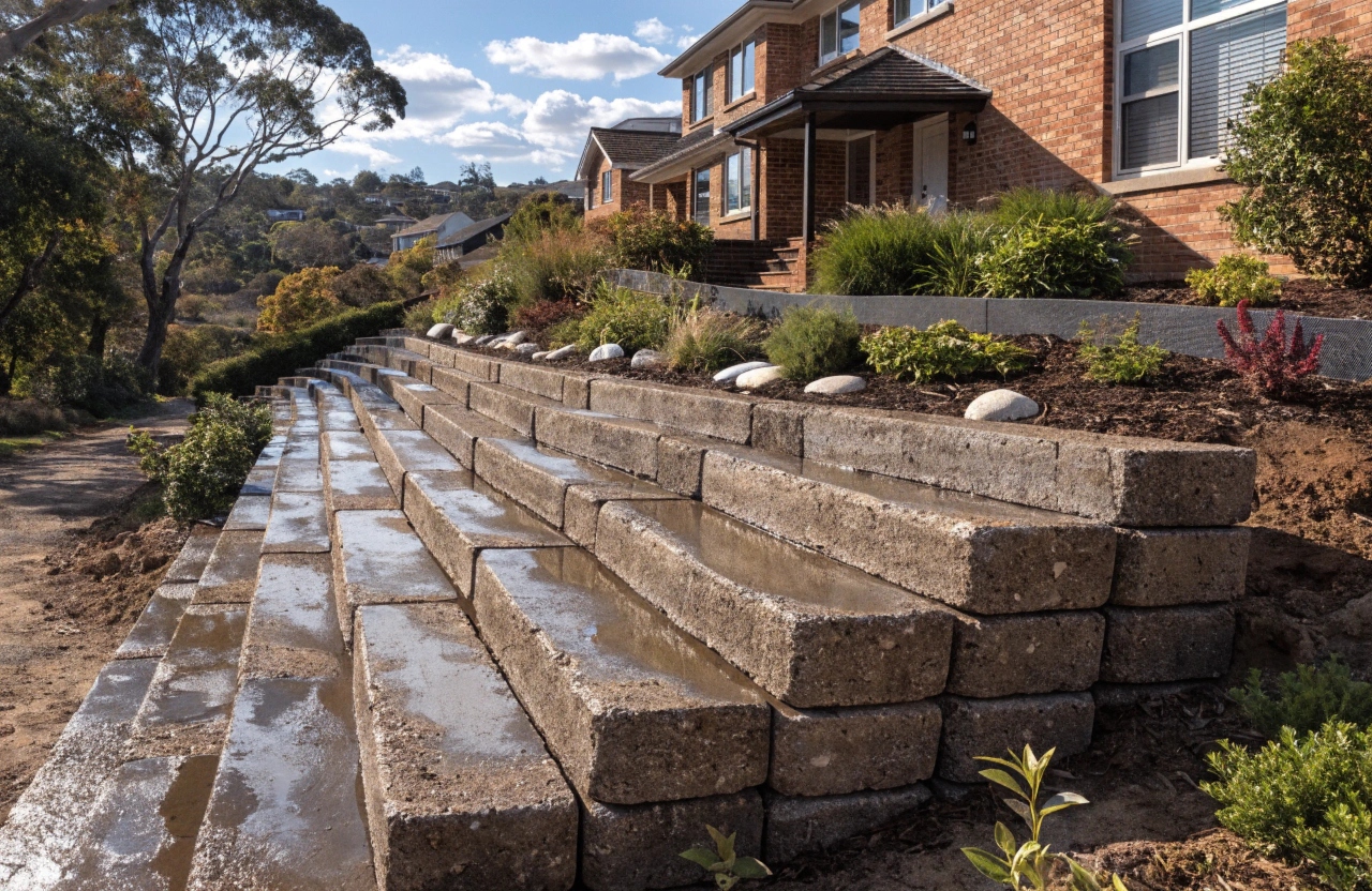 Completed concrete sleeper retaining wall on sloping front yard Newcastle suburb