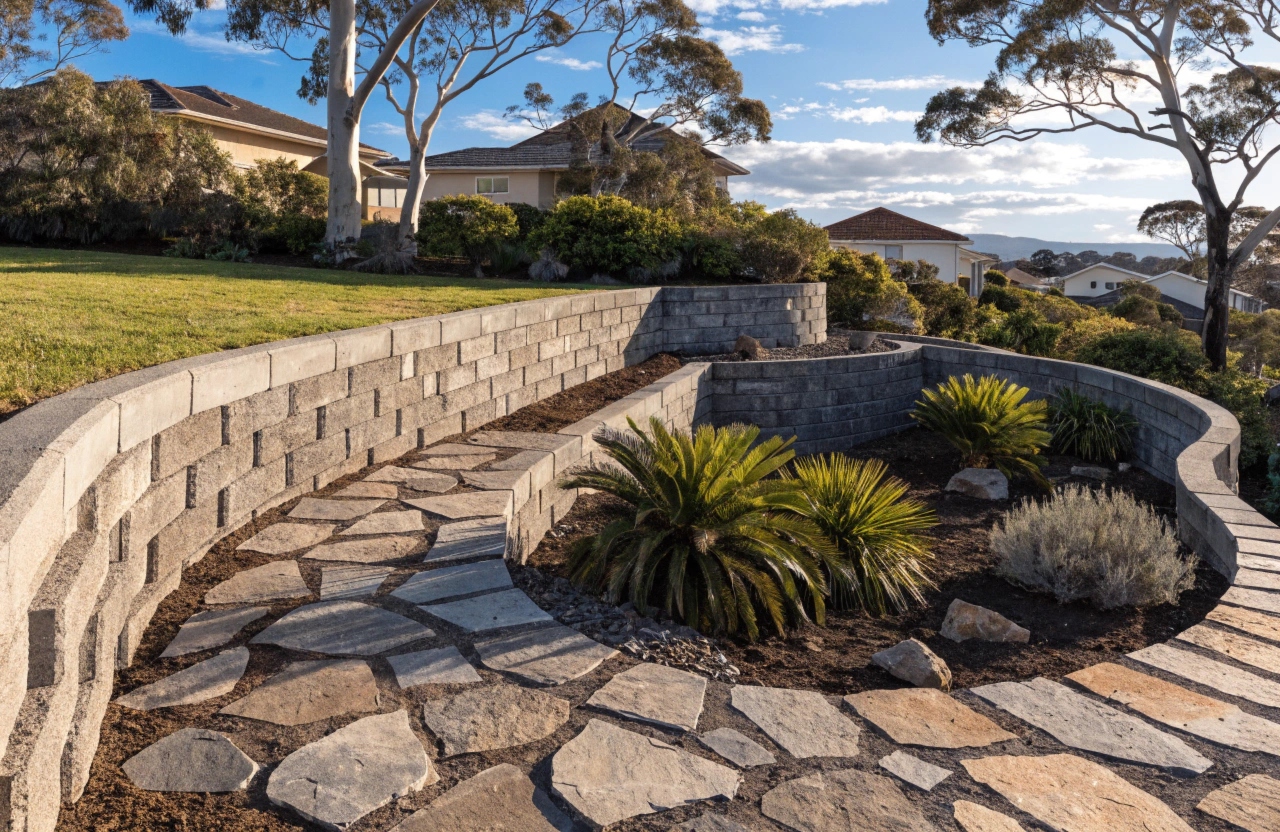 Concrete sleeper retaining wall installed on sloping residential backyard Newcastle NSW