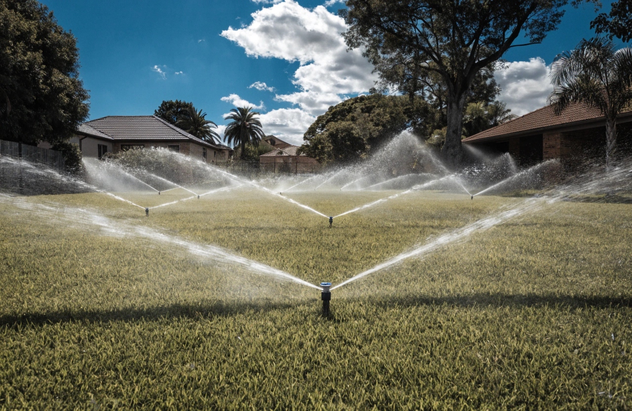 Pop-up sprinkler system watering a residential lawn in Newcastle NSW
