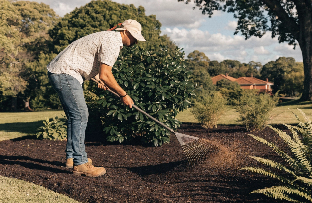 Landscaper spreading mulch to correct depth across garden beds at a Newcastle home
