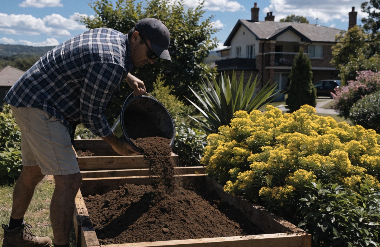 Landscaper spreading premium garden soil into a raised timber garden bed in a Newcastle backyard