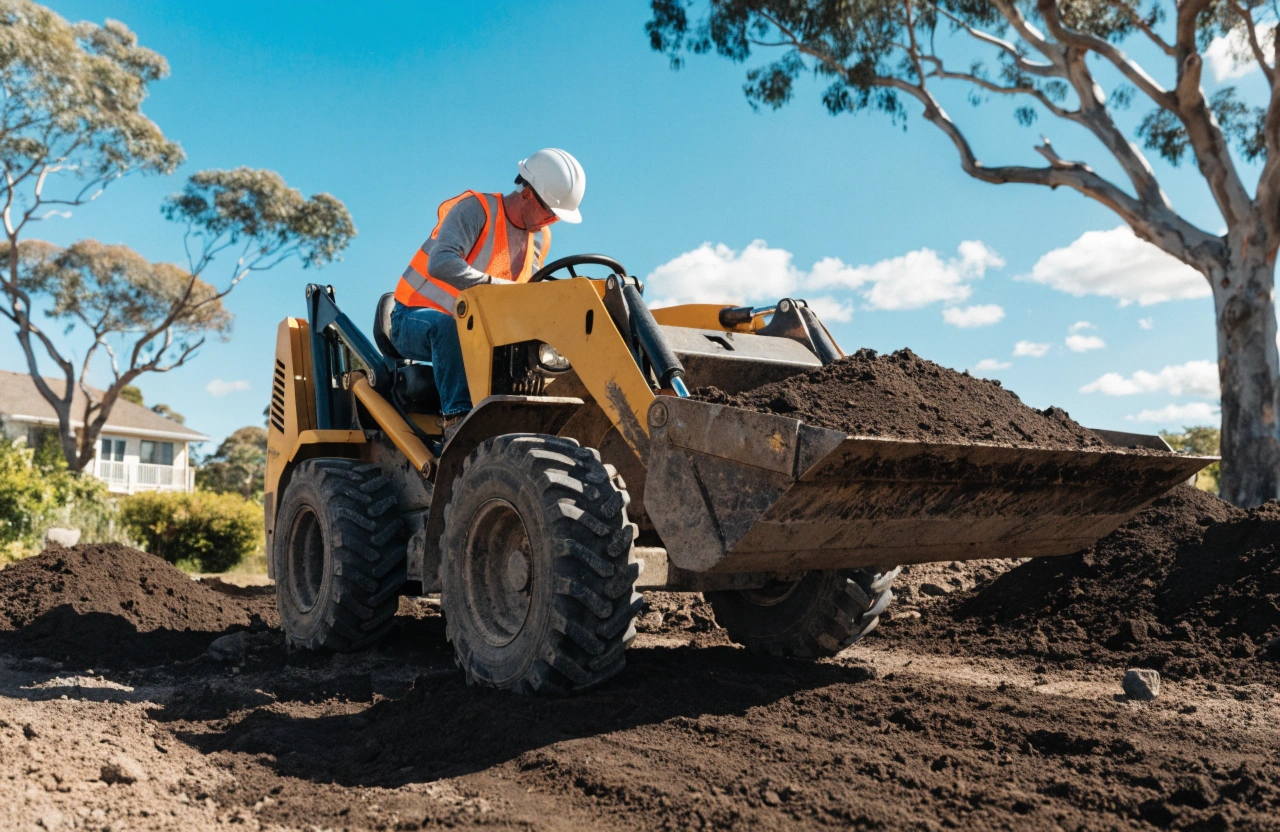 Landscaper spreading and grading topsoil across a backyard in Newcastle