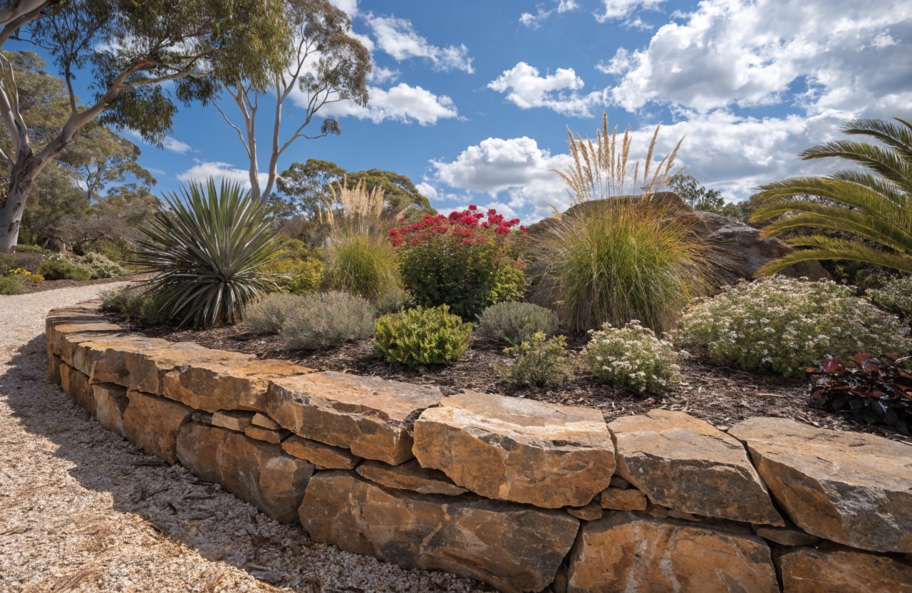Sandstone retaining wall with native garden beds in Newcastle coastal residential property