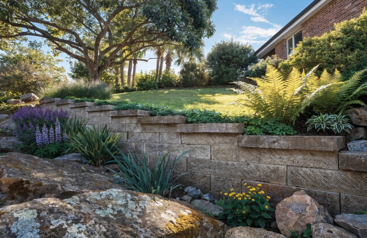 Alt text: Woodgrain concrete sleeper retaining wall in a sloping Newcastle backyard