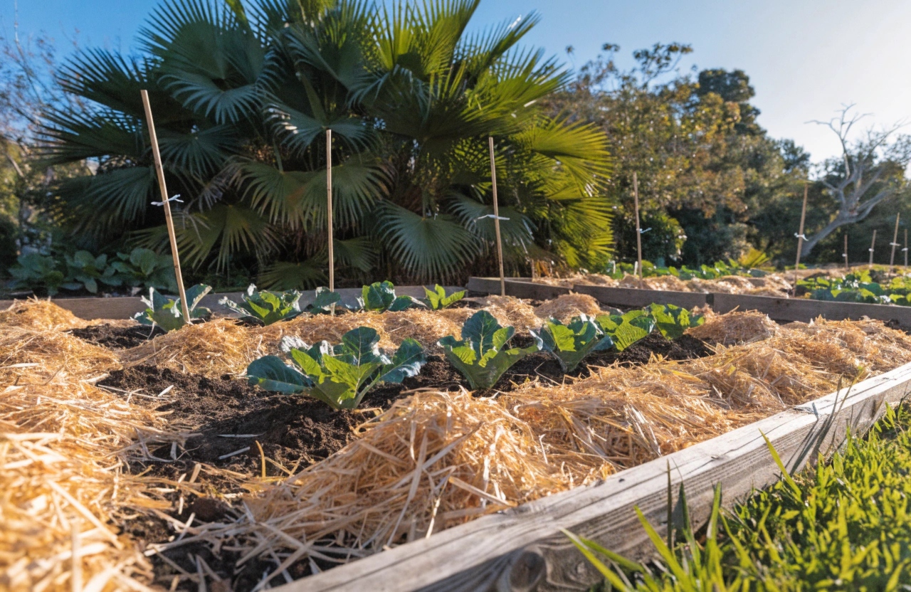 Sugar cane mulch applied around vegetable seedlings in an Australian backyard veggie garden