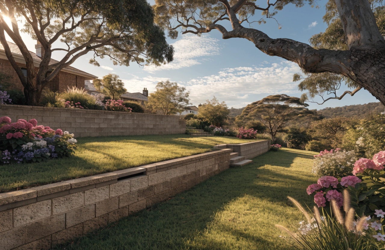 Tiered retaining walls with established lawn terraces in Newcastle Hunter Region backyard