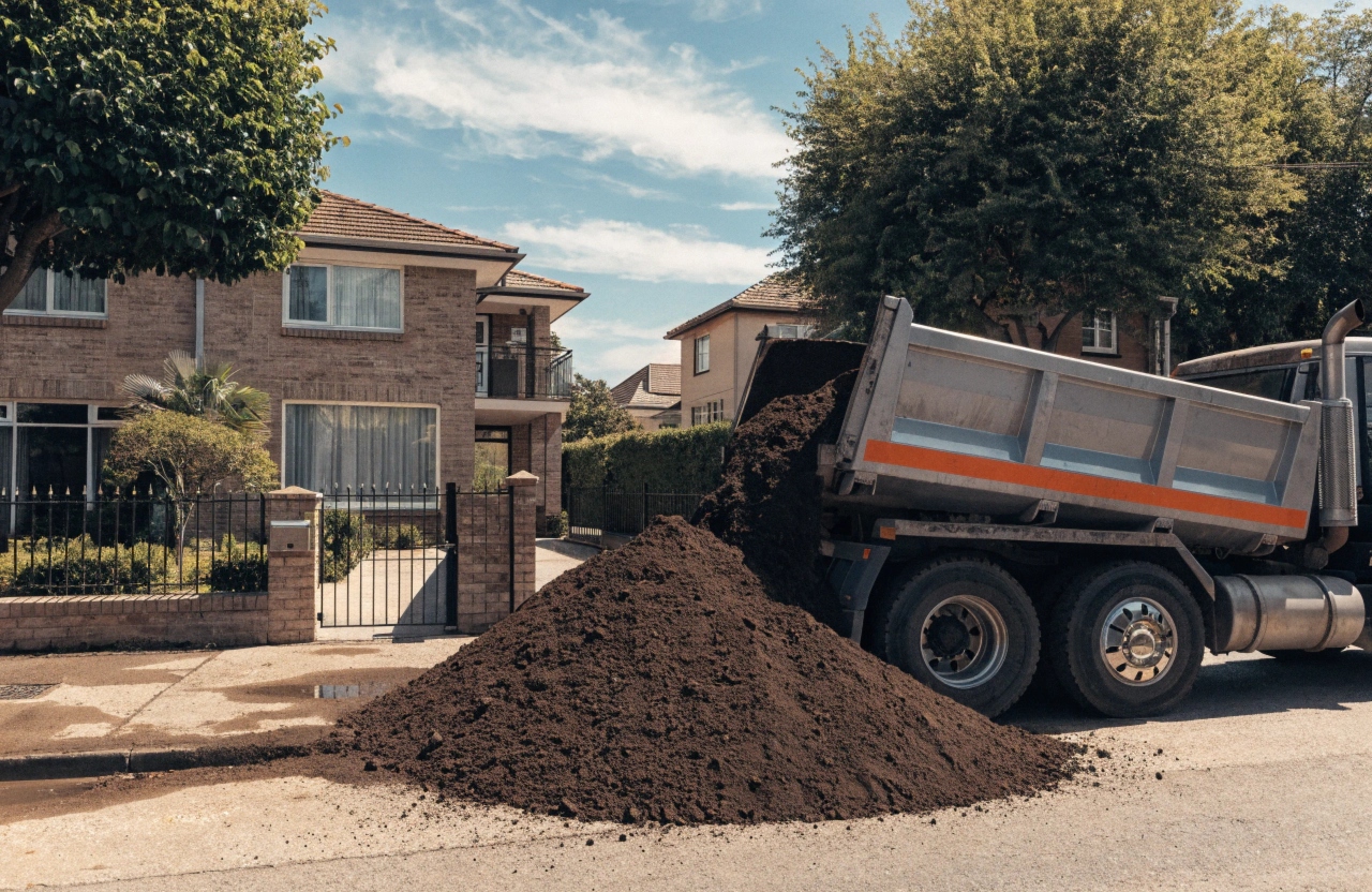 a-tipper-truck-unloading-a-large-mound-of-dark--ri Tipper truck delivering bulk topsoil to a residential property in Newcastle NSW