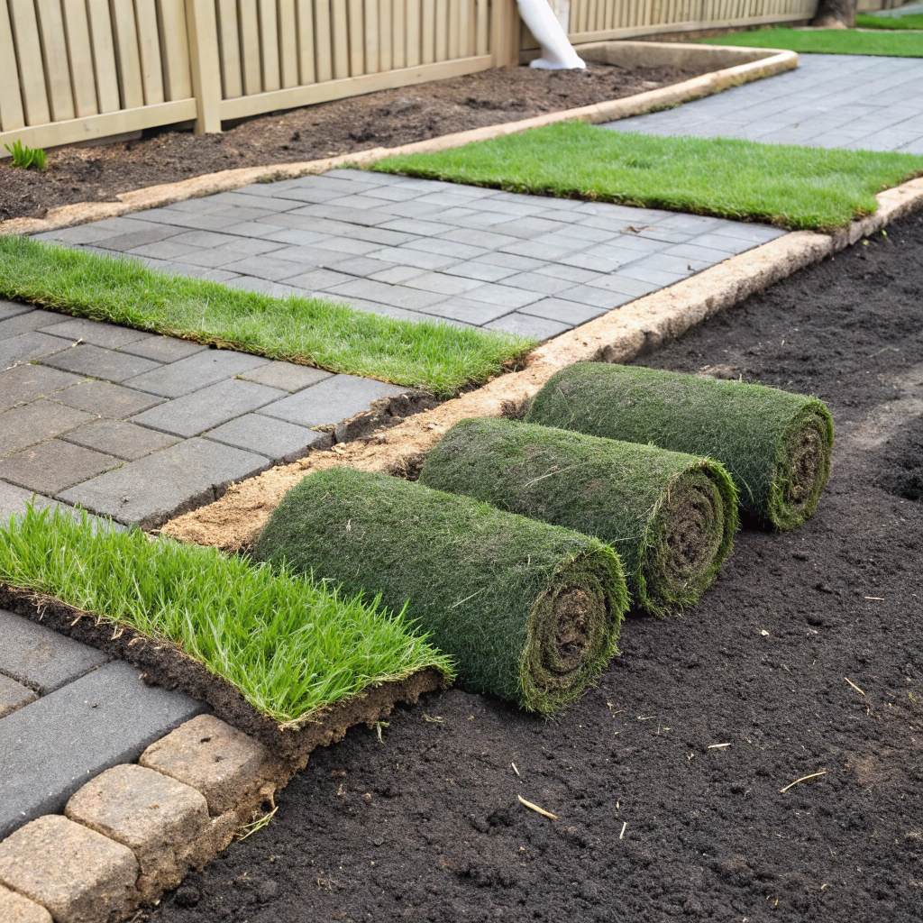 Buffalo grass rolls being laid during lawn installation on a Newcastle property