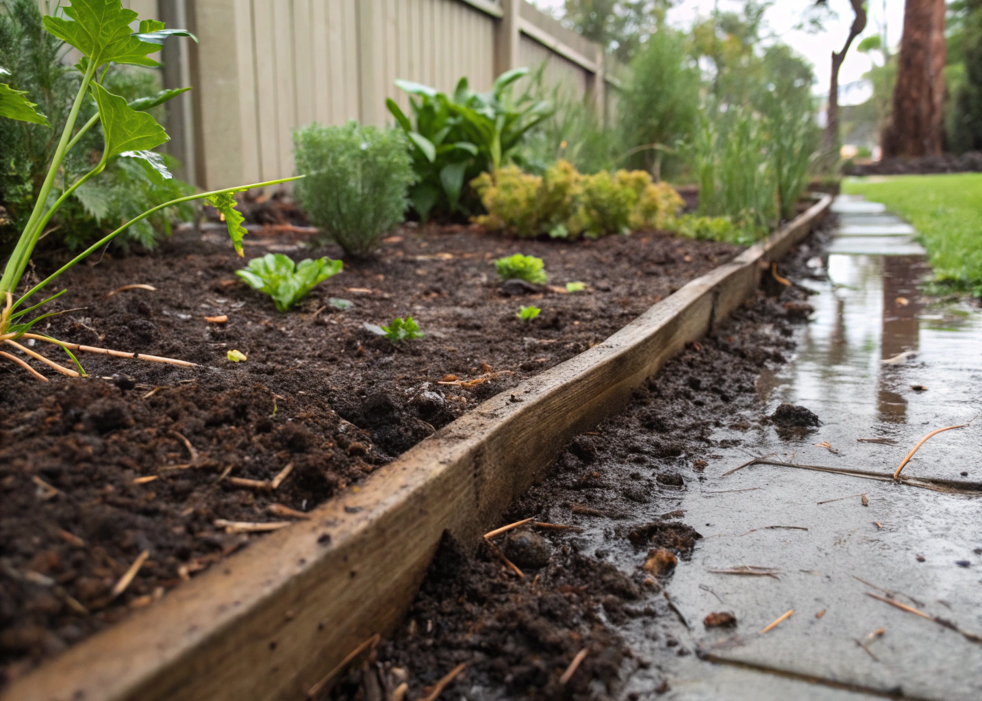 saturated clay soil in a Newcastle garden bed after rainfall