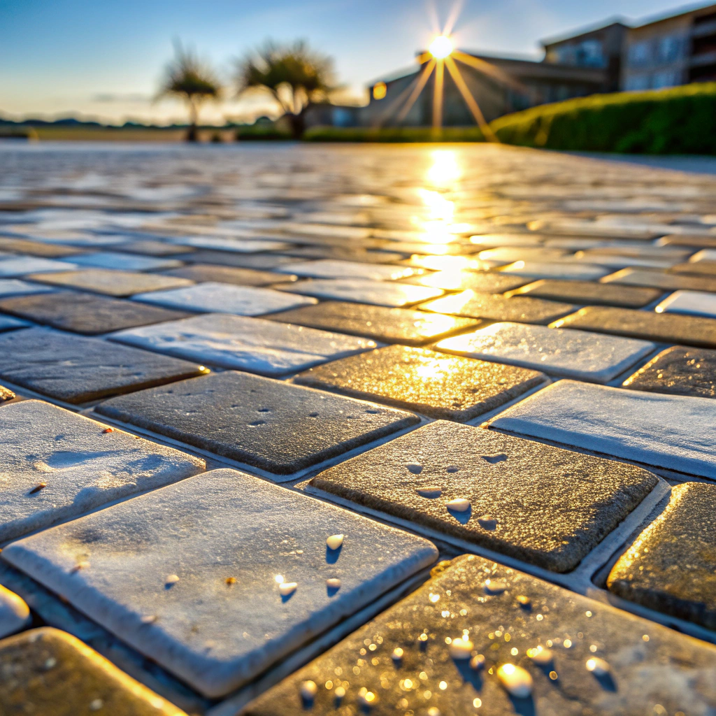 White efflorescence deposits on natural stone paving Newcastle residential property