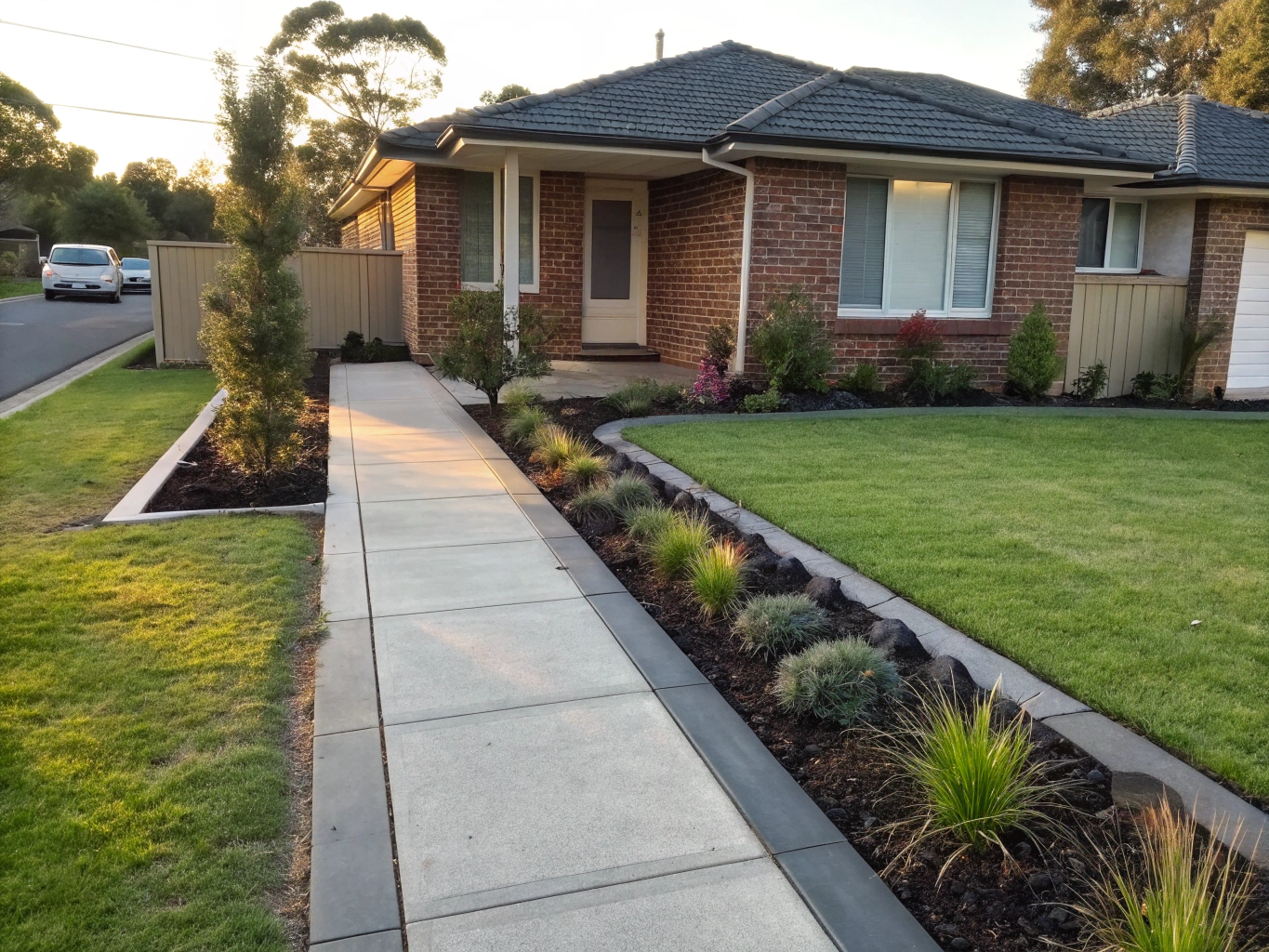 Professionally landscaped front yard of a Newcastle home with defined garden beds and a clear entry pathway