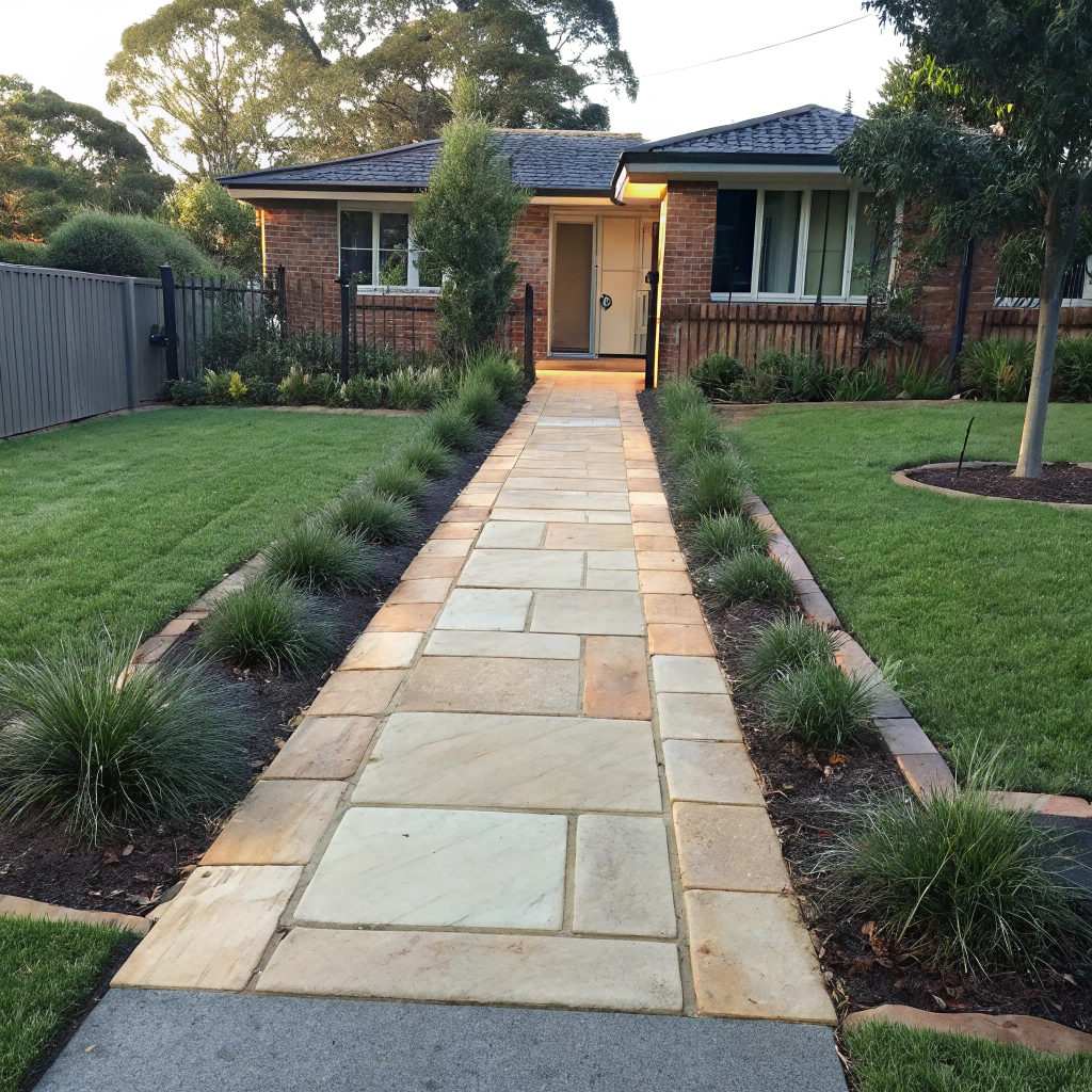 Sandstone pathway leading to the front door of a Newcastle home surrounded by landscaped garden beds