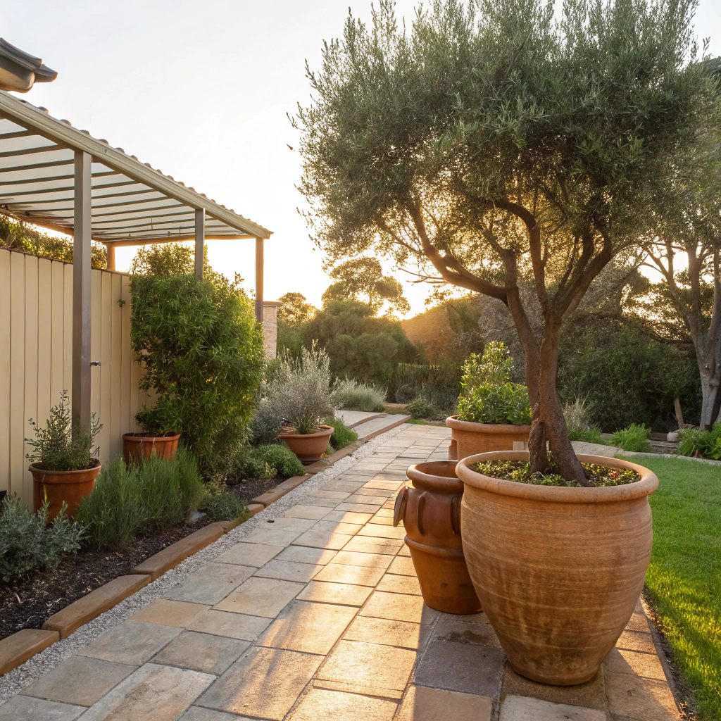 Sandstone paving and timber pergola in a Mediterranean garden Newcastle