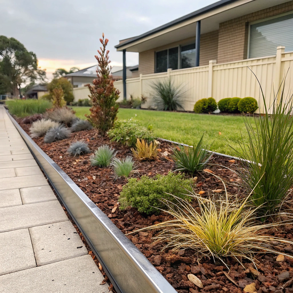 Native and drought-tolerant plants in a front garden bed at a Newcastle residential property