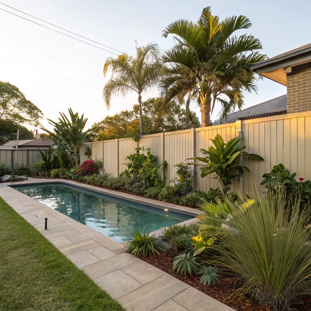 Pool-friendly planting around Newcastle backyard pool with tropical screening plants