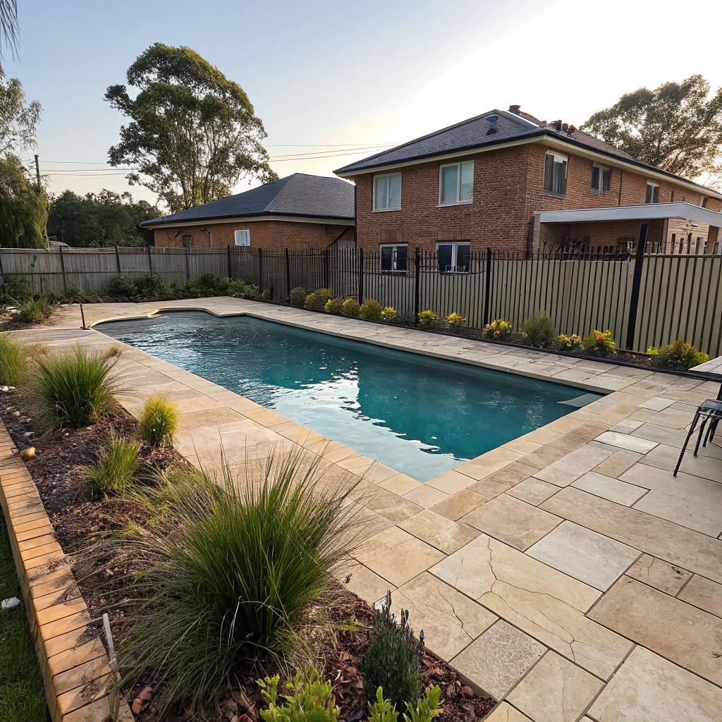 Pool landscaping Newcastle — finished backyard with paved surrounds and garden screening