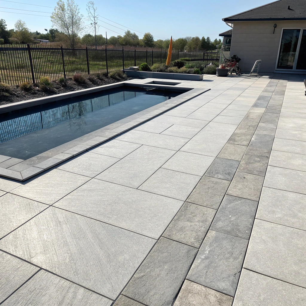 Large format porcelain pavers around a modern pool surround