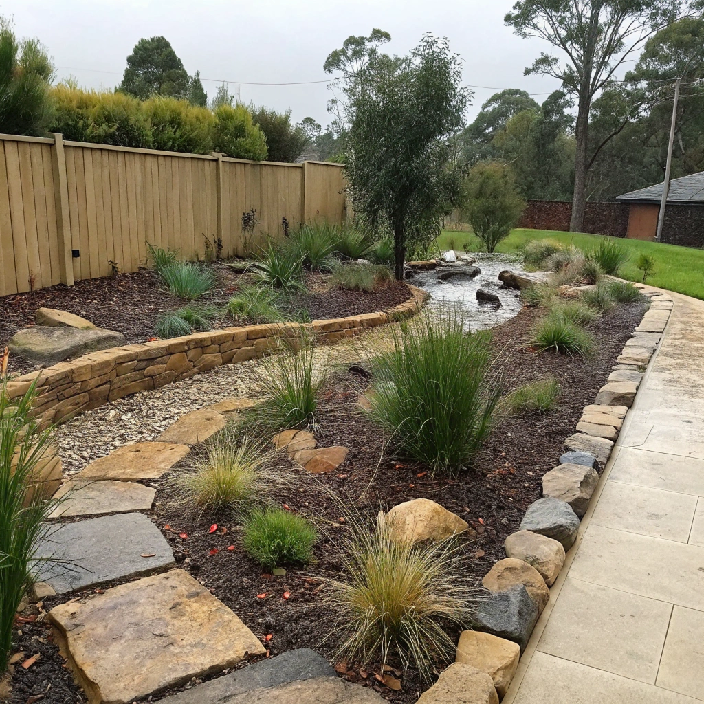 Rain garden installation sustainable landscaping Newcastle suburban property with native plantings