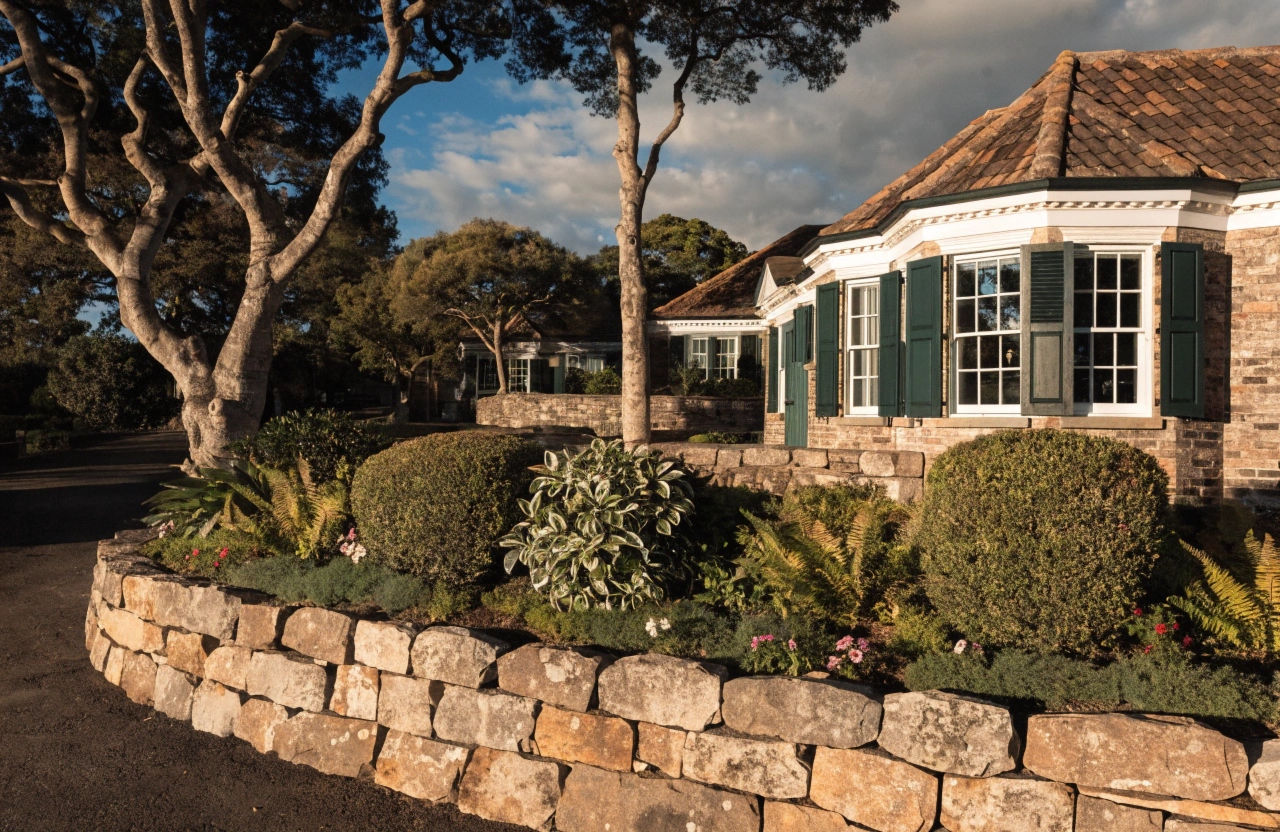 Sandstone block garden edging installed along a formal garden bed at a Newcastle heritage property
