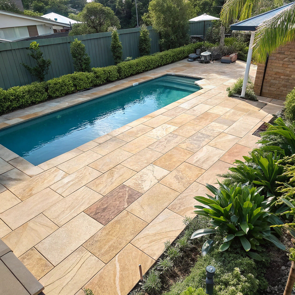 Sandstone pool pavers installed around a residential pool surround in Newcastle