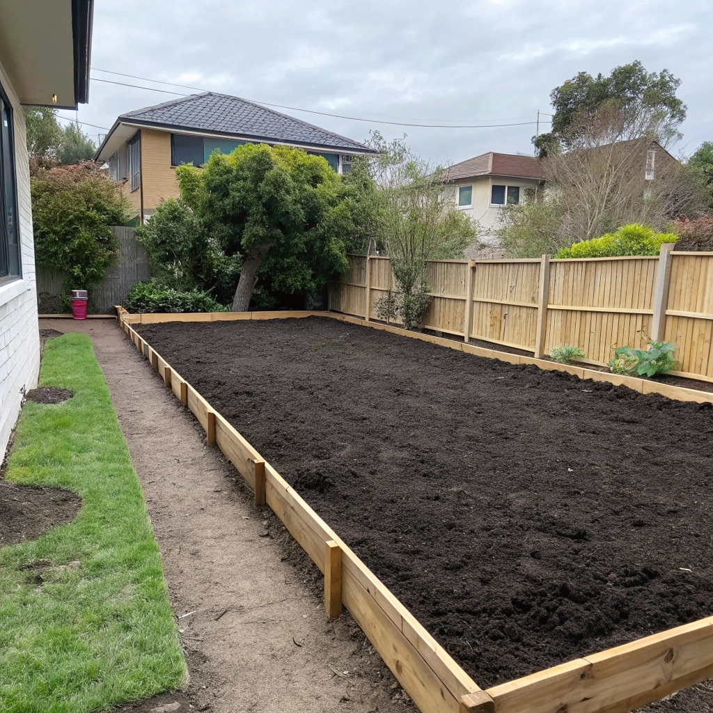 Soil cultivation and ground preparation before turf installation on a Newcastle property