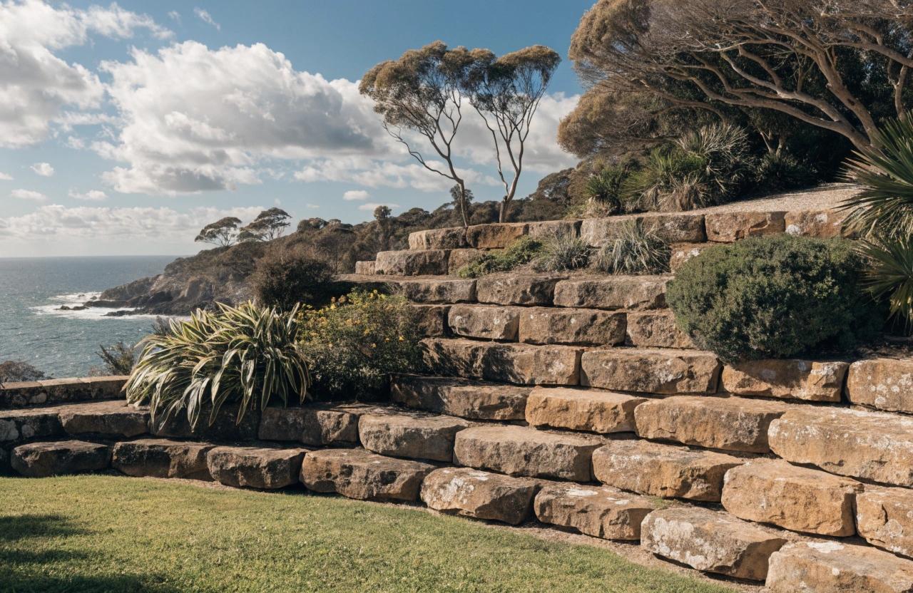 Terraced sandstone retaining walls on sloping residential backyard in Newcastle NSW