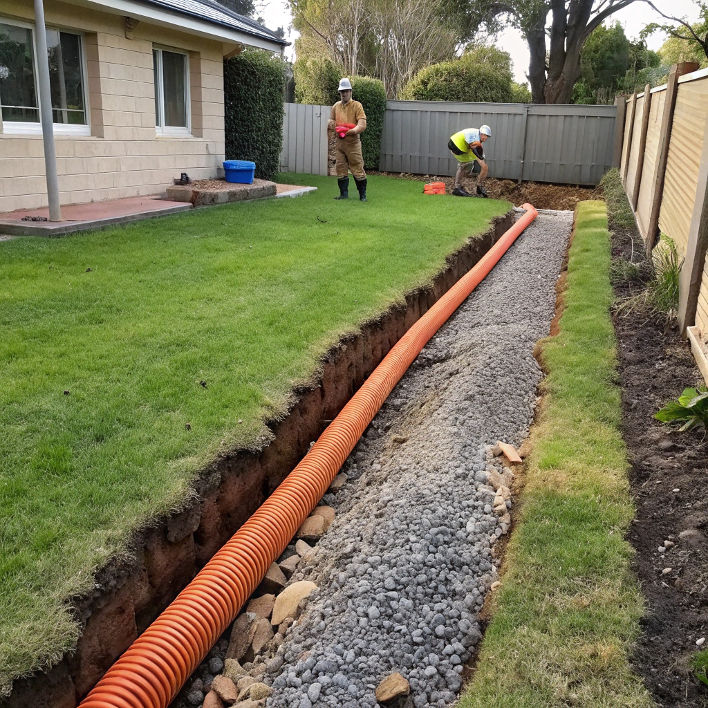 subsurface agricultural drainage pipe being installed in a Newcastle backyard