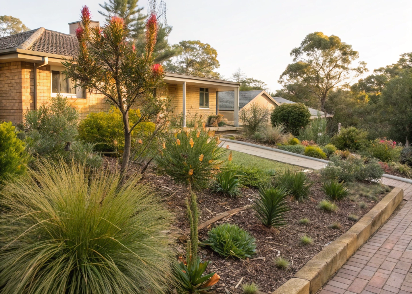 Sustainable landscaping Newcastle residential front yard with locally indigenous native plantings and natural stone edging
