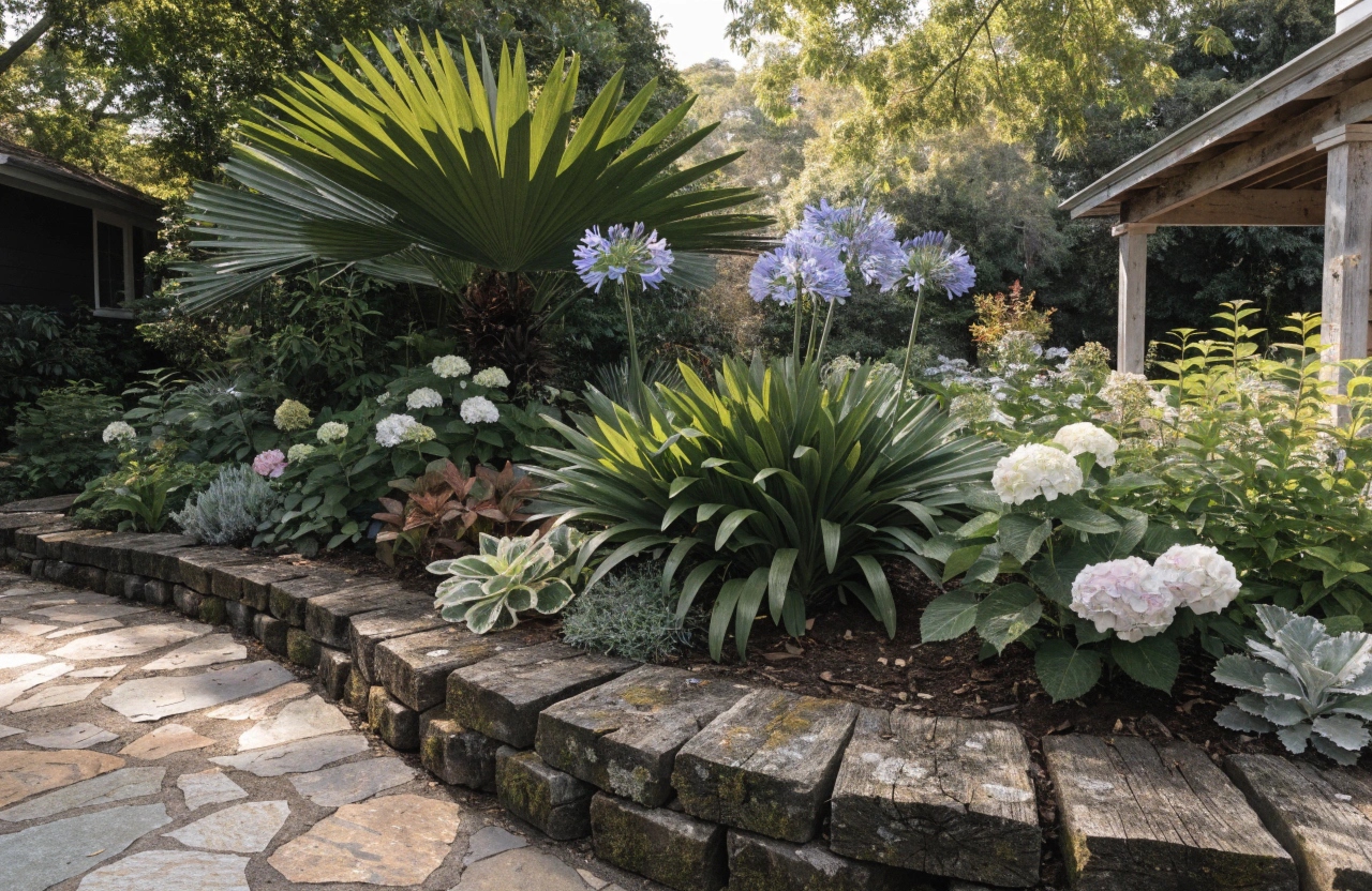 Timber hardwood sleeper garden edging installed along a cottage garden bed in Newcastle