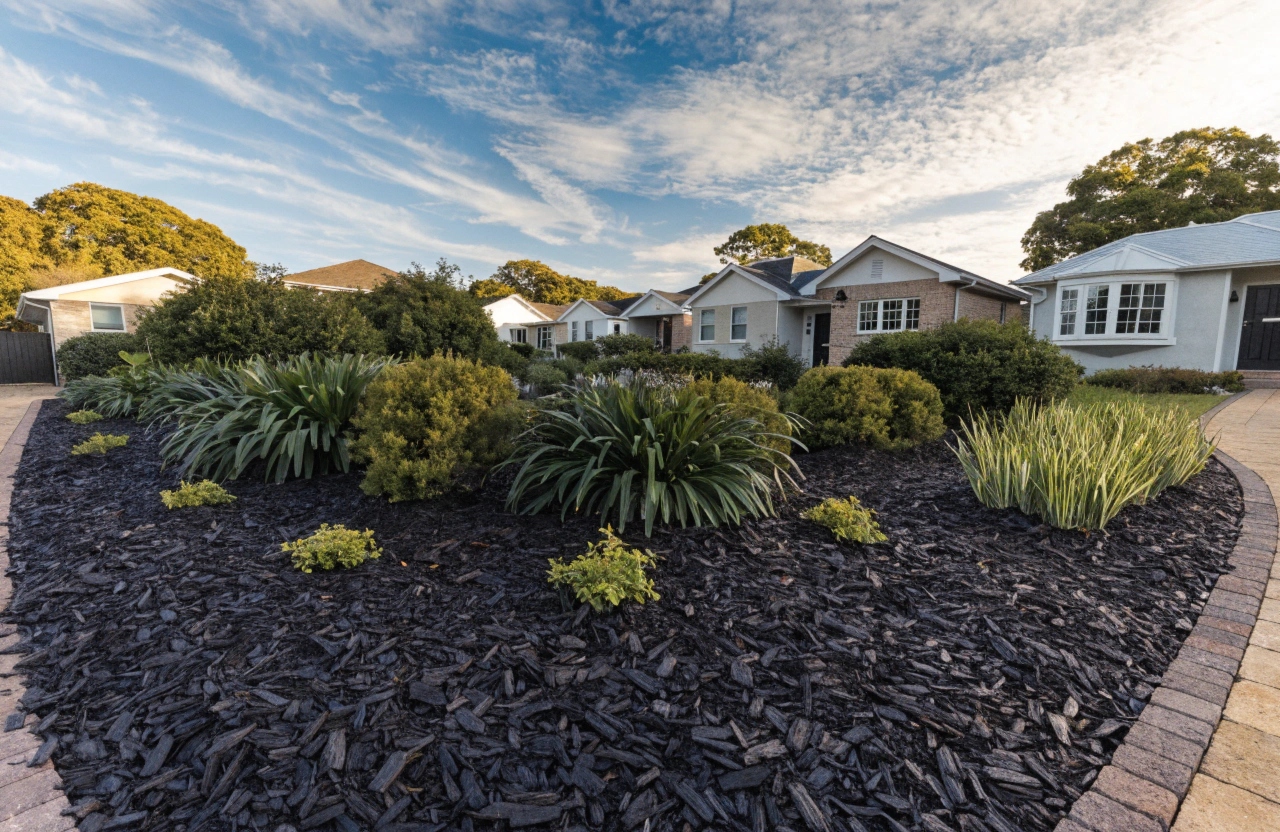 Freshly applied hardwood chip mulch across a residential garden bed in Newcastle