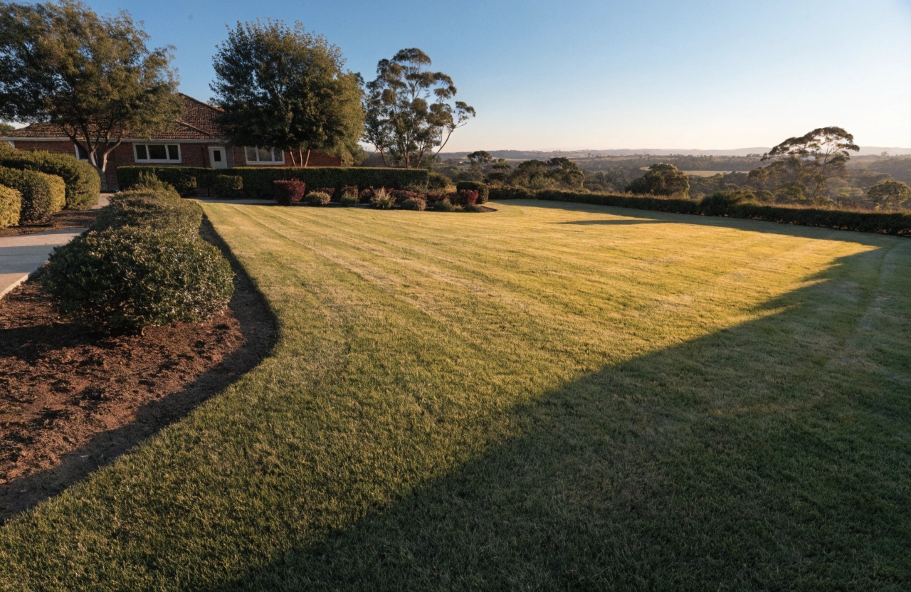 Freshly mowed residential lawn in Singleton NSW with clean edges and green turf