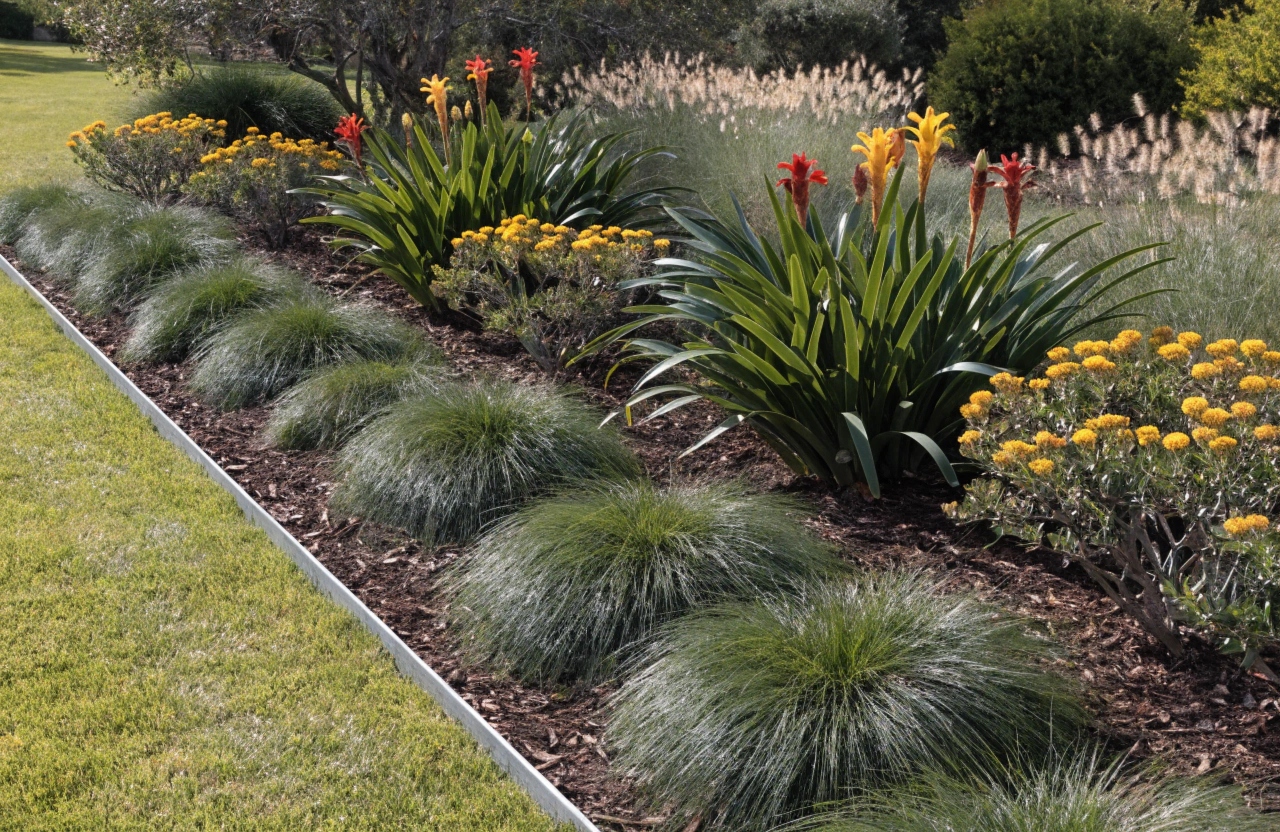 Freshly mulched garden bed with native plants in Lake Macquarie