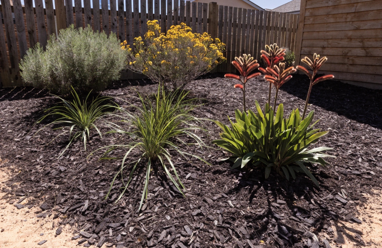 Freshly mulched garden bed with native plants in Port Stephens