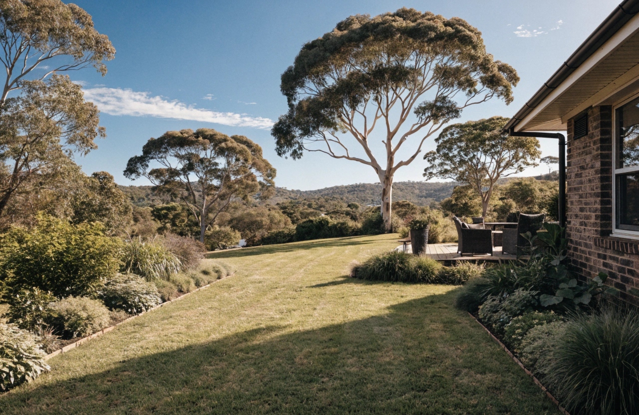 Well-maintained backyard entertaining area with green lawn and garden edging in Singleton