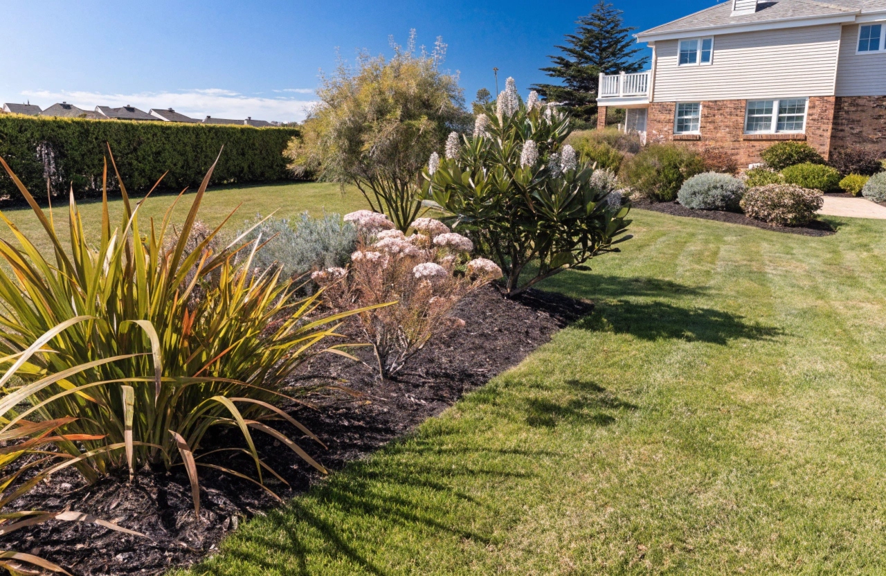 Well-maintained backyard lawn and garden beds in Port Stephens