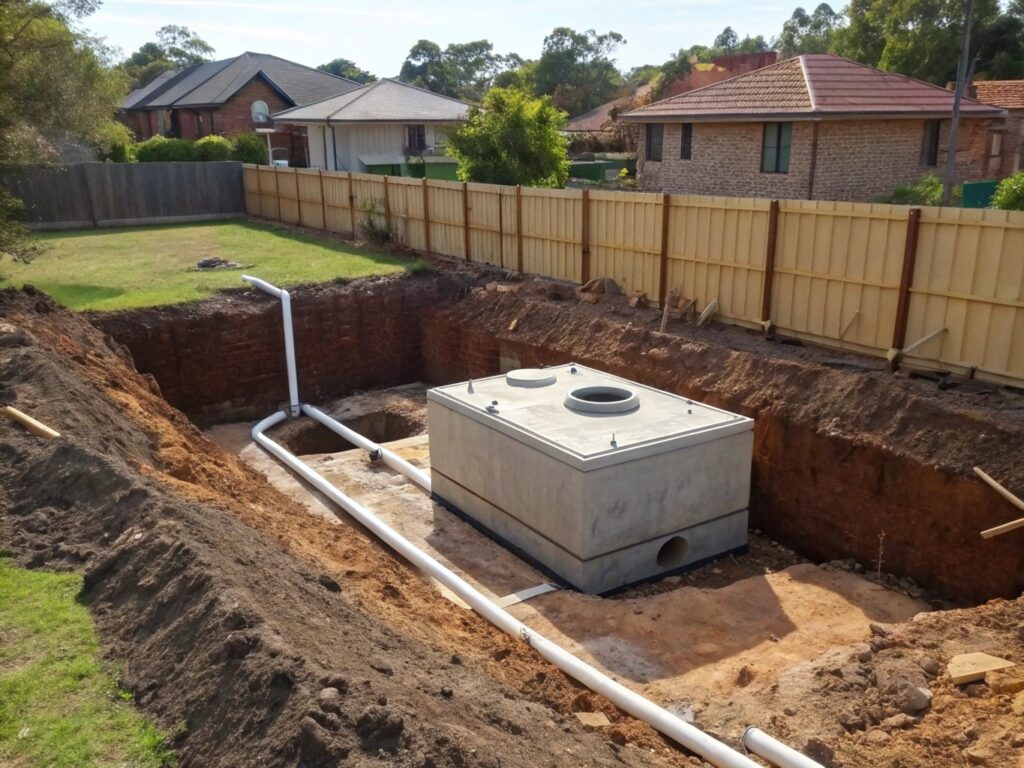 Underground on-site detention tank being installed at a Newcastle residential property